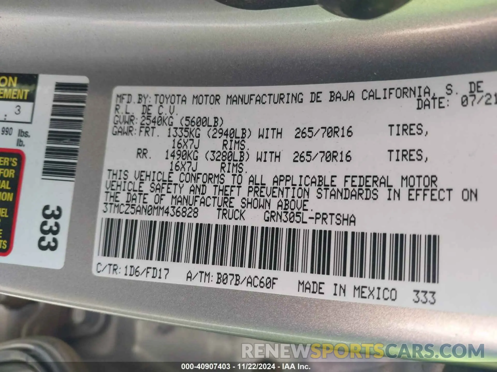 9 fotografías del automóvil dañado 3TMCZ5AN0MM436828 TOYOTA TACOMA 2021
