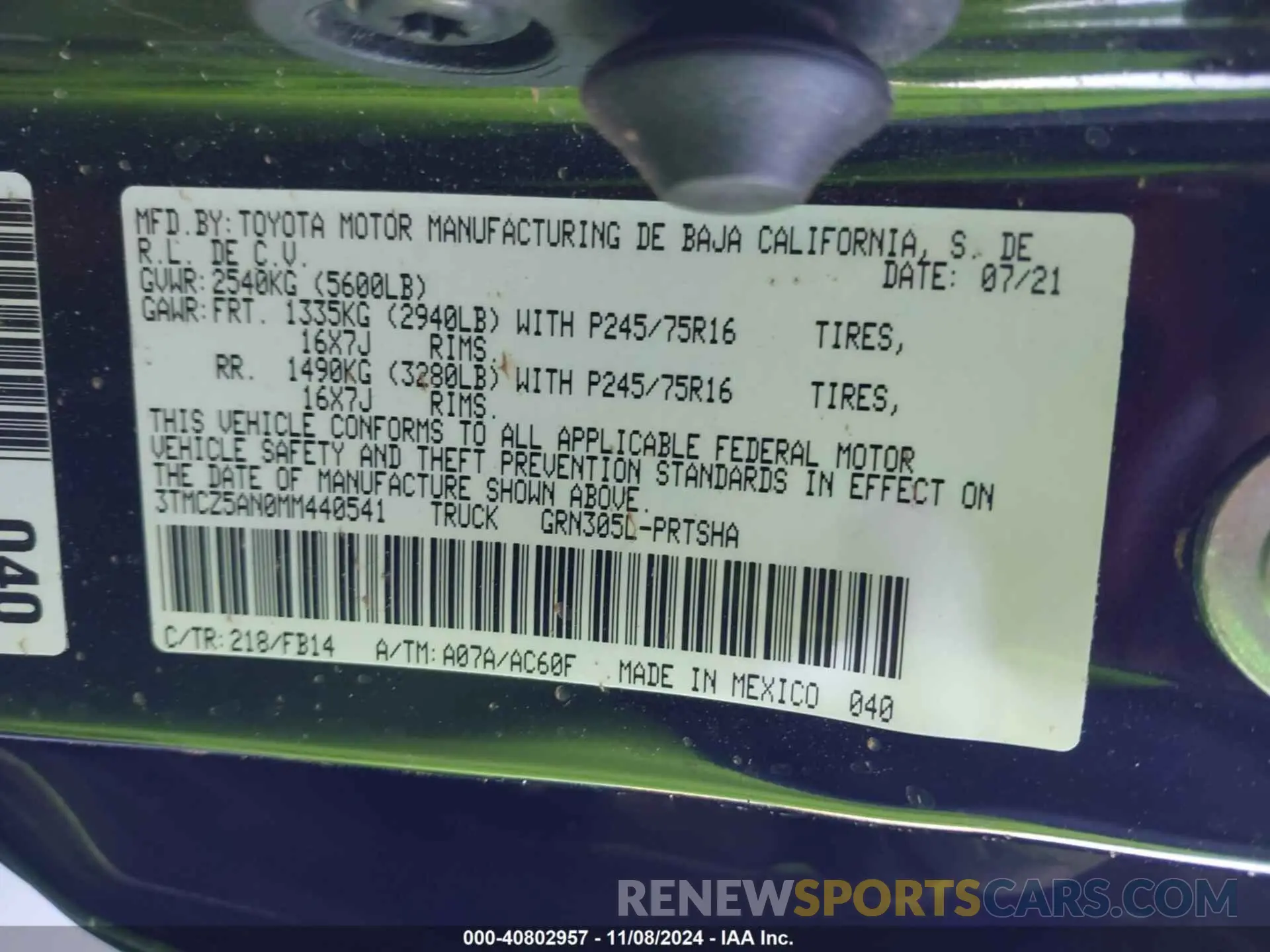 9 fotografías del automóvil dañado 3TMCZ5AN0MM440541 TOYOTA TACOMA 2021