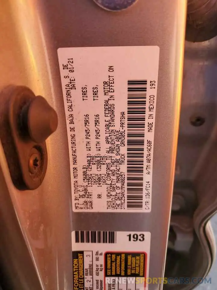13 fotografías del automóvil dañado 3TMCZ5AN1MM400257 TOYOTA TACOMA 2021