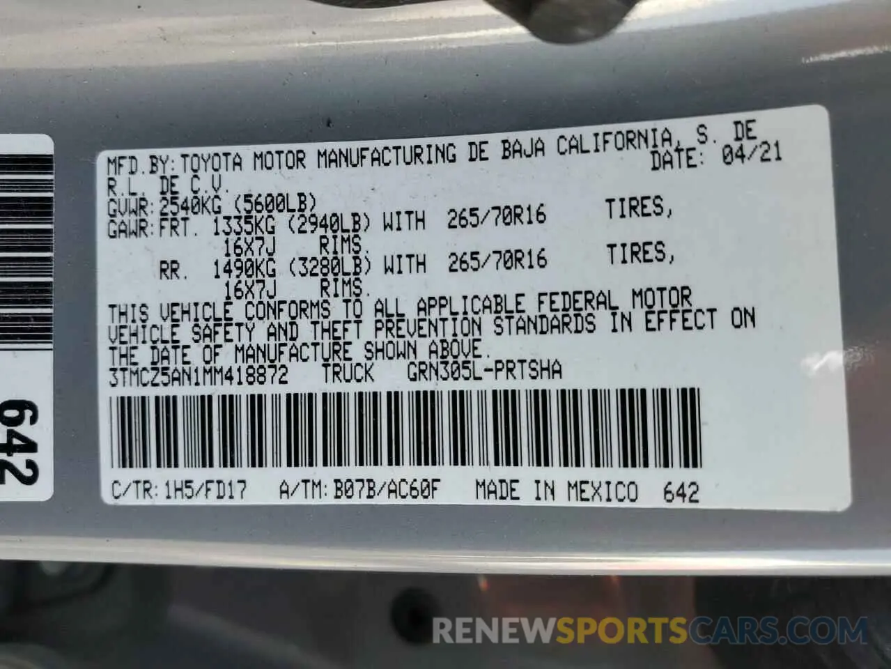 12 fotografías del automóvil dañado 3TMCZ5AN1MM418872 TOYOTA TACOMA 2021