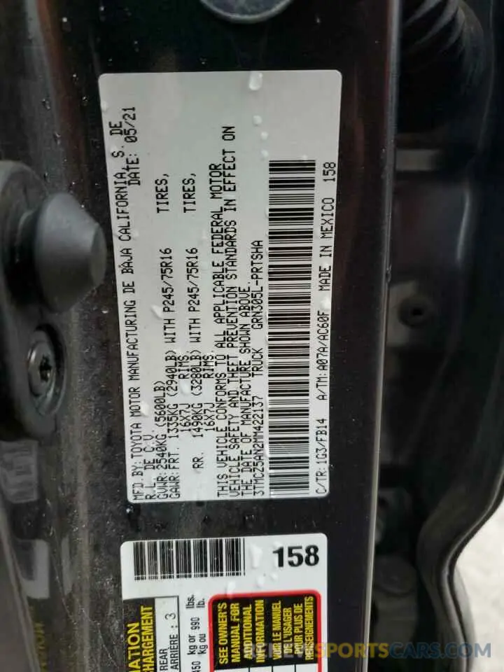 12 fotografías del automóvil dañado 3TMCZ5AN2MM422137 TOYOTA TACOMA 2021