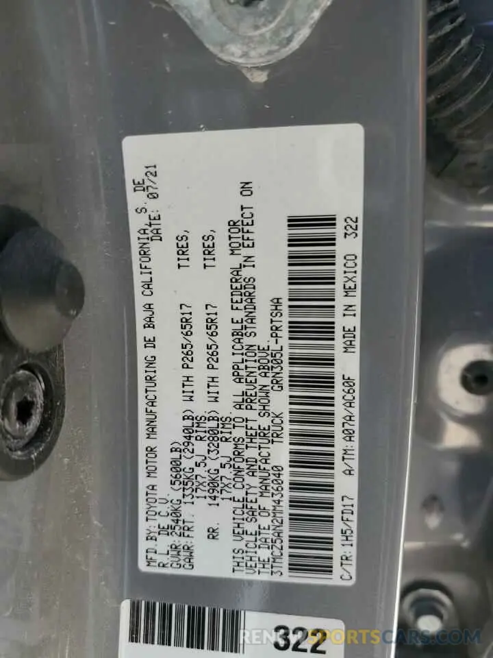 12 fotografías del automóvil dañado 3TMCZ5AN2MM436040 TOYOTA TACOMA 2021