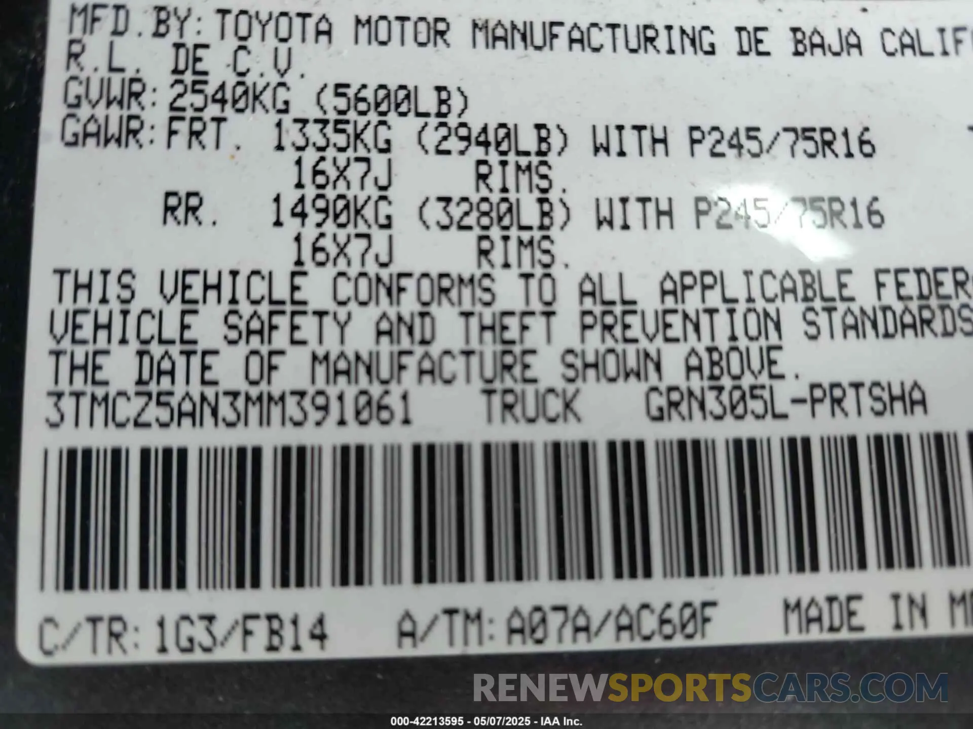 9 fotografías del automóvil dañado 3TMCZ5AN3MM391061 TOYOTA TACOMA 2021
