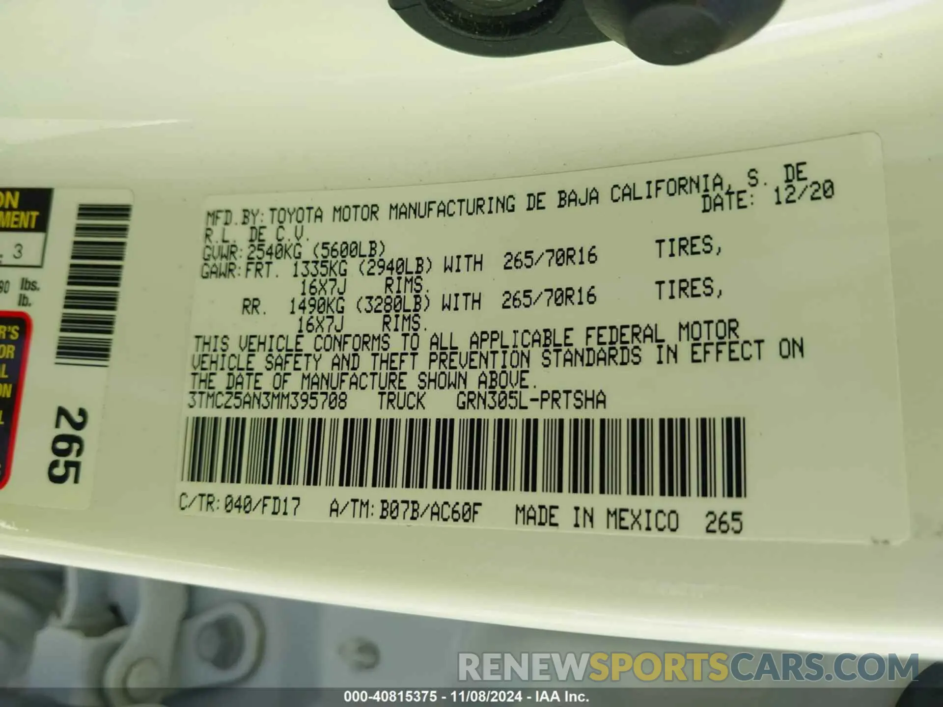 9 fotografías del automóvil dañado 3TMCZ5AN3MM395708 TOYOTA TACOMA 2021