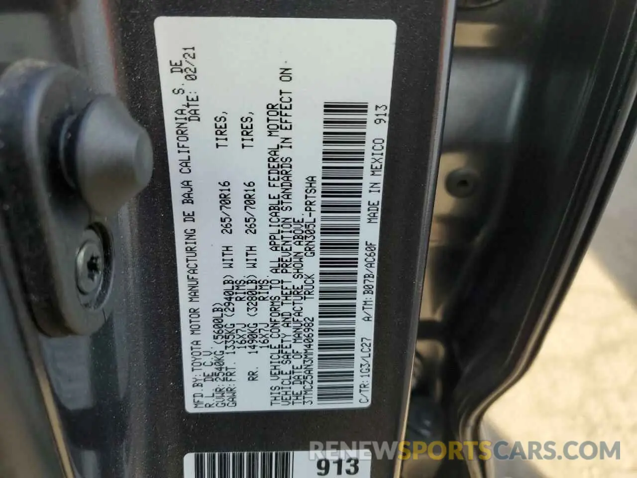 12 fotografías del automóvil dañado 3TMCZ5AN3MM406982 TOYOTA TACOMA 2021