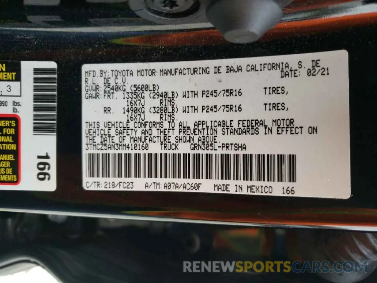 10 fotografías del automóvil dañado 3TMCZ5AN3MM410160 TOYOTA TACOMA 2021
