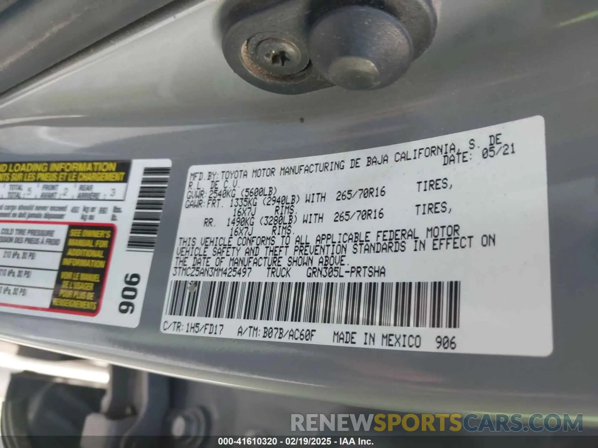 9 fotografías del automóvil dañado 3TMCZ5AN3MM425497 TOYOTA TACOMA 2021