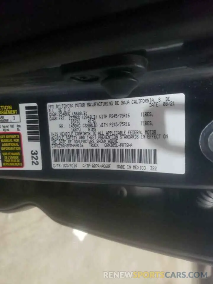 10 fotografías del automóvil dañado 3TMCZ5AN3MM449136 TOYOTA TACOMA 2021