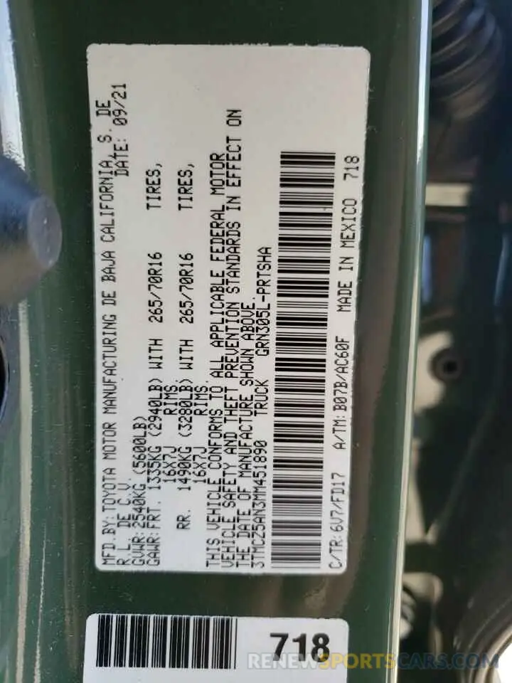 10 fotografías del automóvil dañado 3TMCZ5AN3MM451890 TOYOTA TACOMA 2021