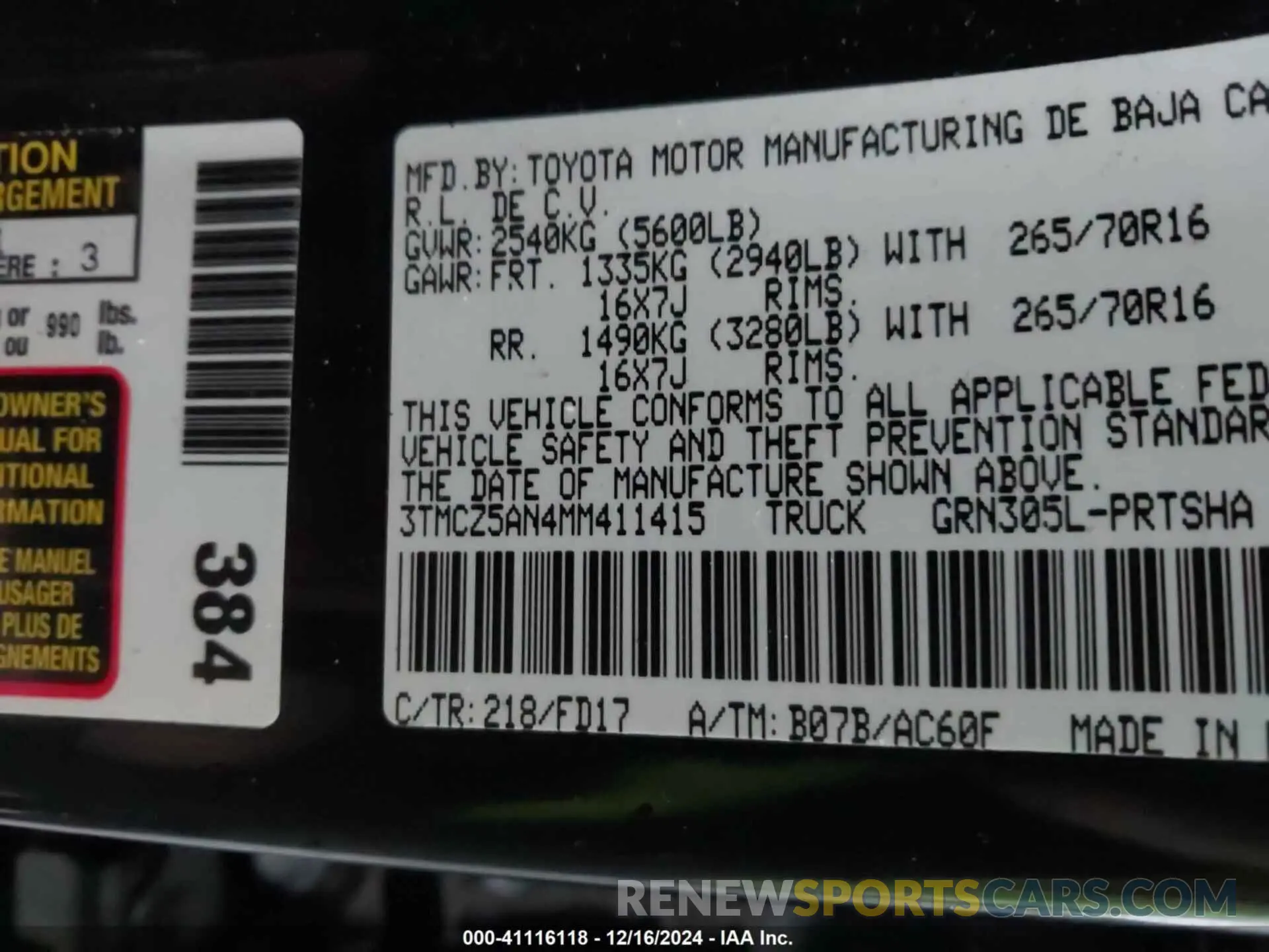 9 fotografías del automóvil dañado 3TMCZ5AN4MM411415 TOYOTA TACOMA 2021