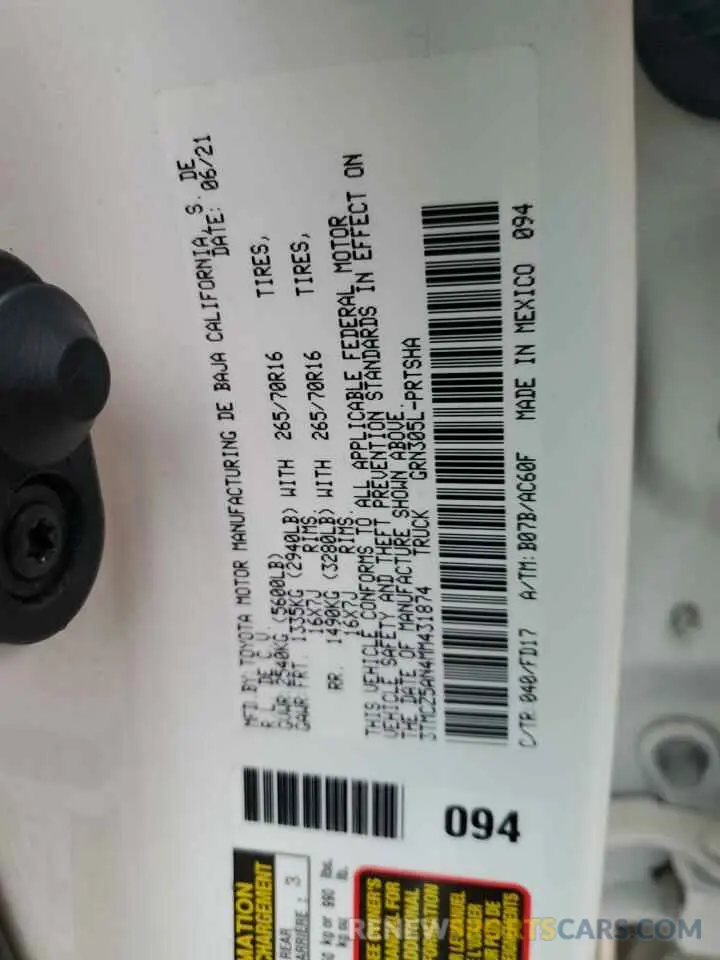 12 fotografías del automóvil dañado 3TMCZ5AN4MM431874 TOYOTA TACOMA 2021
