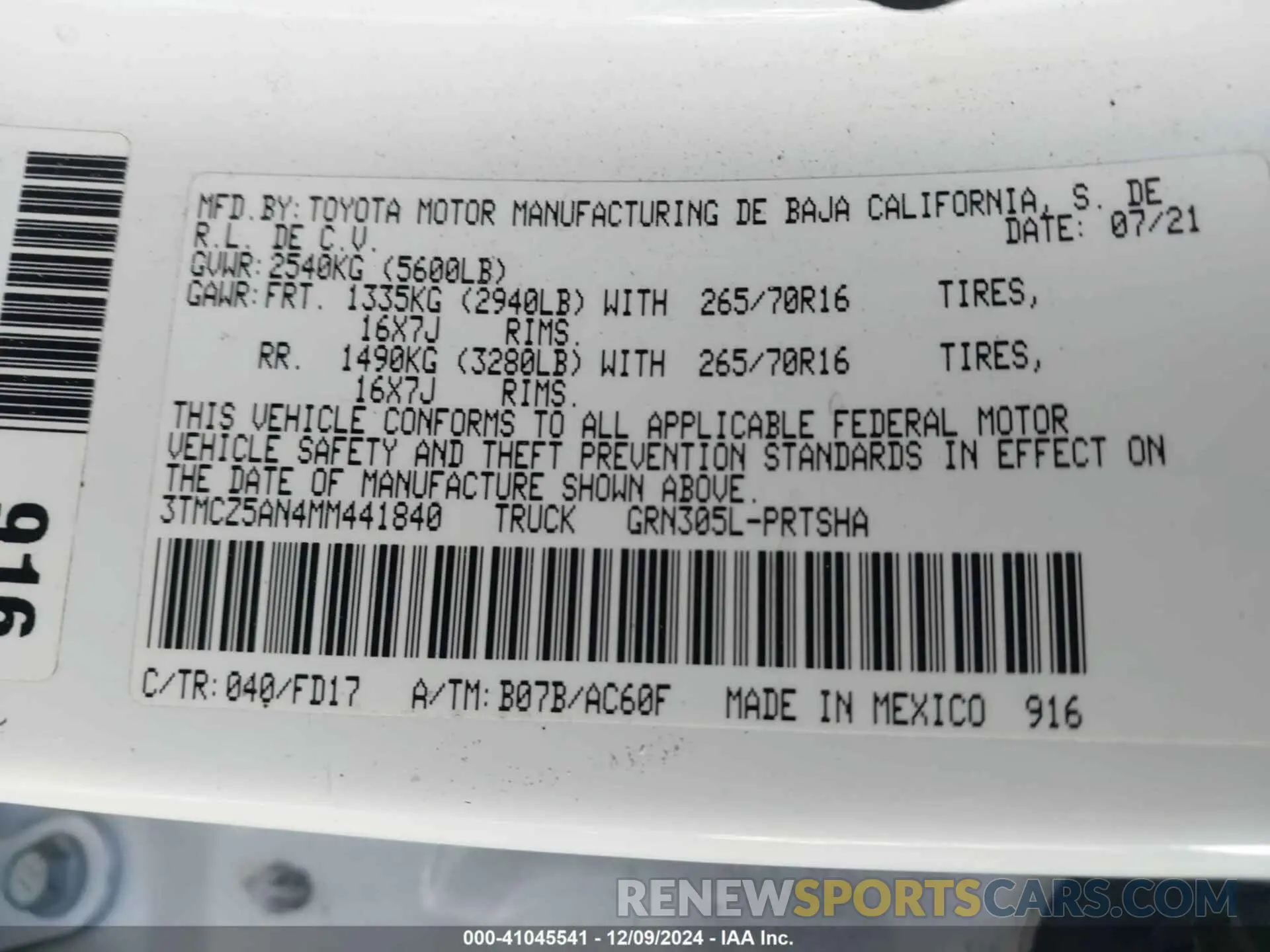 9 fotografías del automóvil dañado 3TMCZ5AN4MM441840 TOYOTA TACOMA 2021