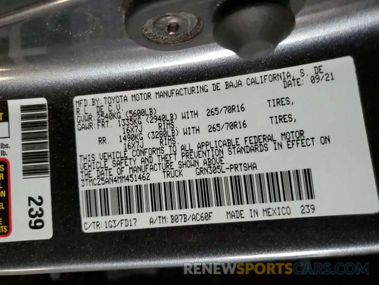 12 fotografías del automóvil dañado 3TMCZ5AN4MM451462 TOYOTA TACOMA 2021