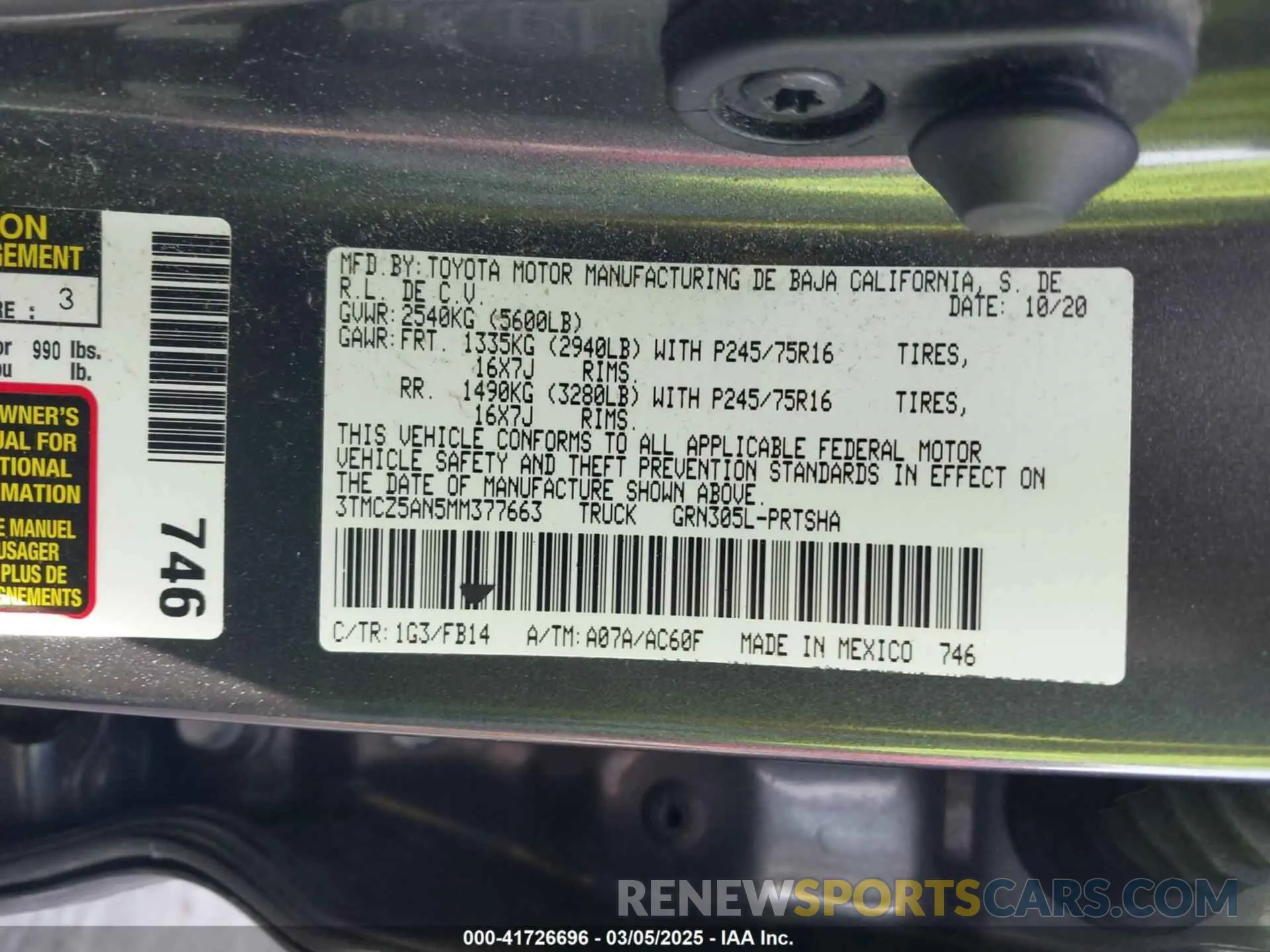 9 fotografías del automóvil dañado 3TMCZ5AN5MM377663 TOYOTA TACOMA 2021