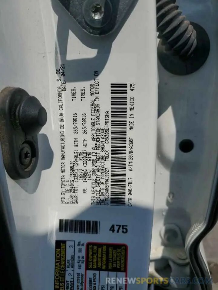 13 fotografías del automóvil dañado 3TMCZ5AN5MM419927 TOYOTA TACOMA 2021