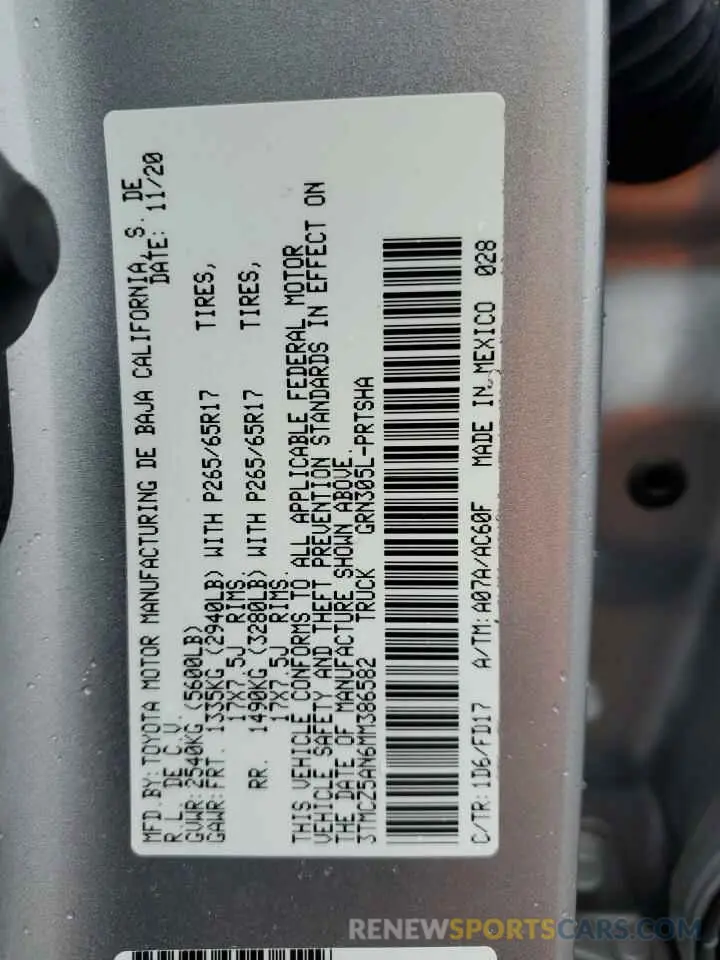 12 fotografías del automóvil dañado 3TMCZ5AN6MM386582 TOYOTA TACOMA 2021