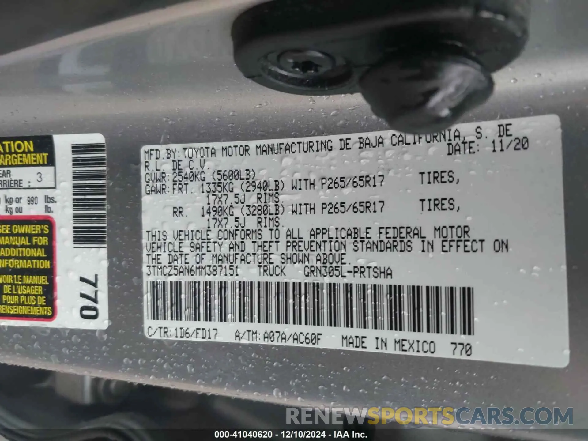 9 fotografías del automóvil dañado 3TMCZ5AN6MM387151 TOYOTA TACOMA 2021