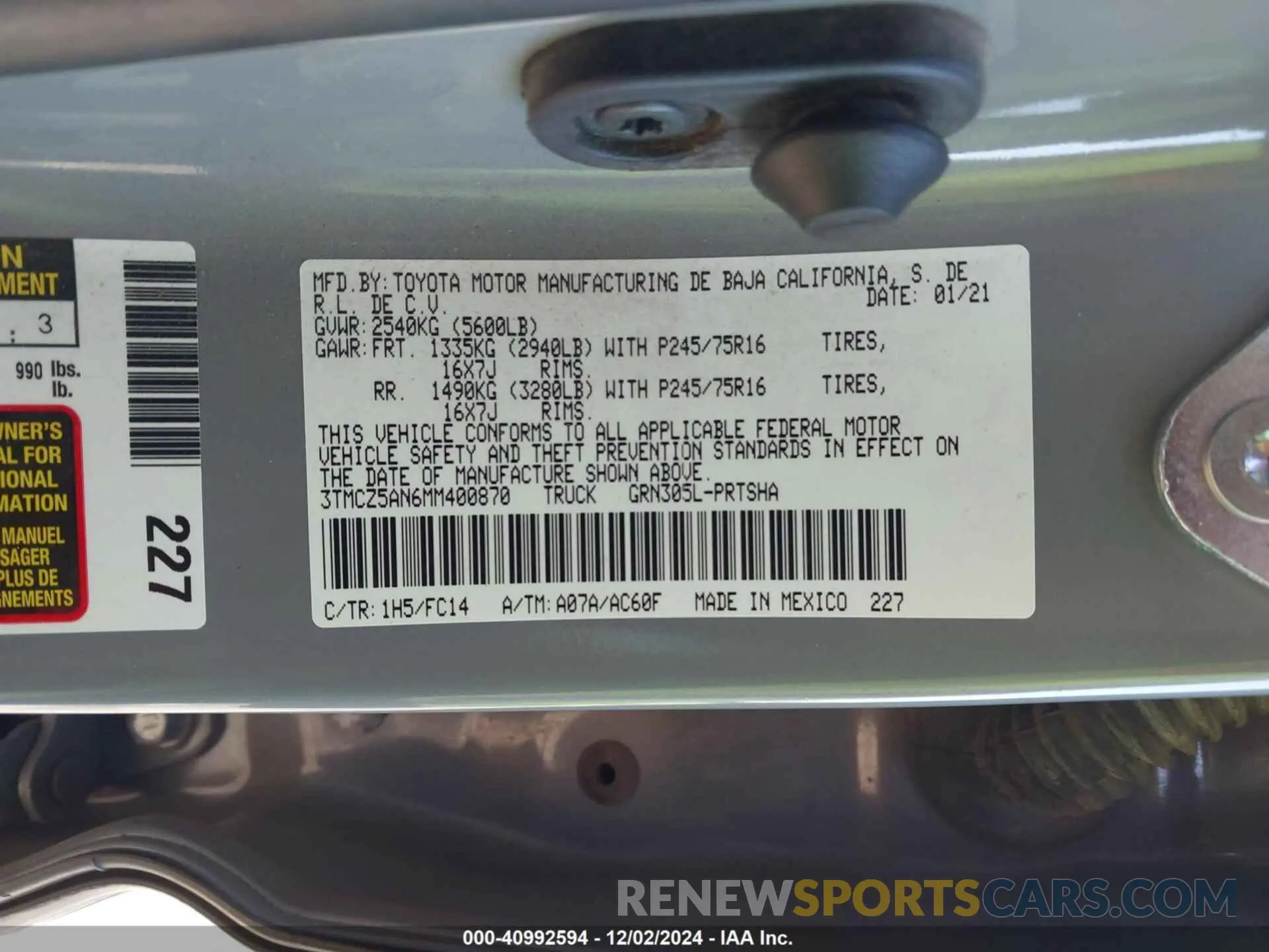 9 fotografías del automóvil dañado 3TMCZ5AN6MM400870 TOYOTA TACOMA 2021
