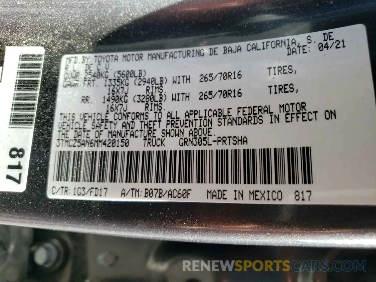 15 fotografías del automóvil dañado 3TMCZ5AN6MM420150 TOYOTA TACOMA 2021