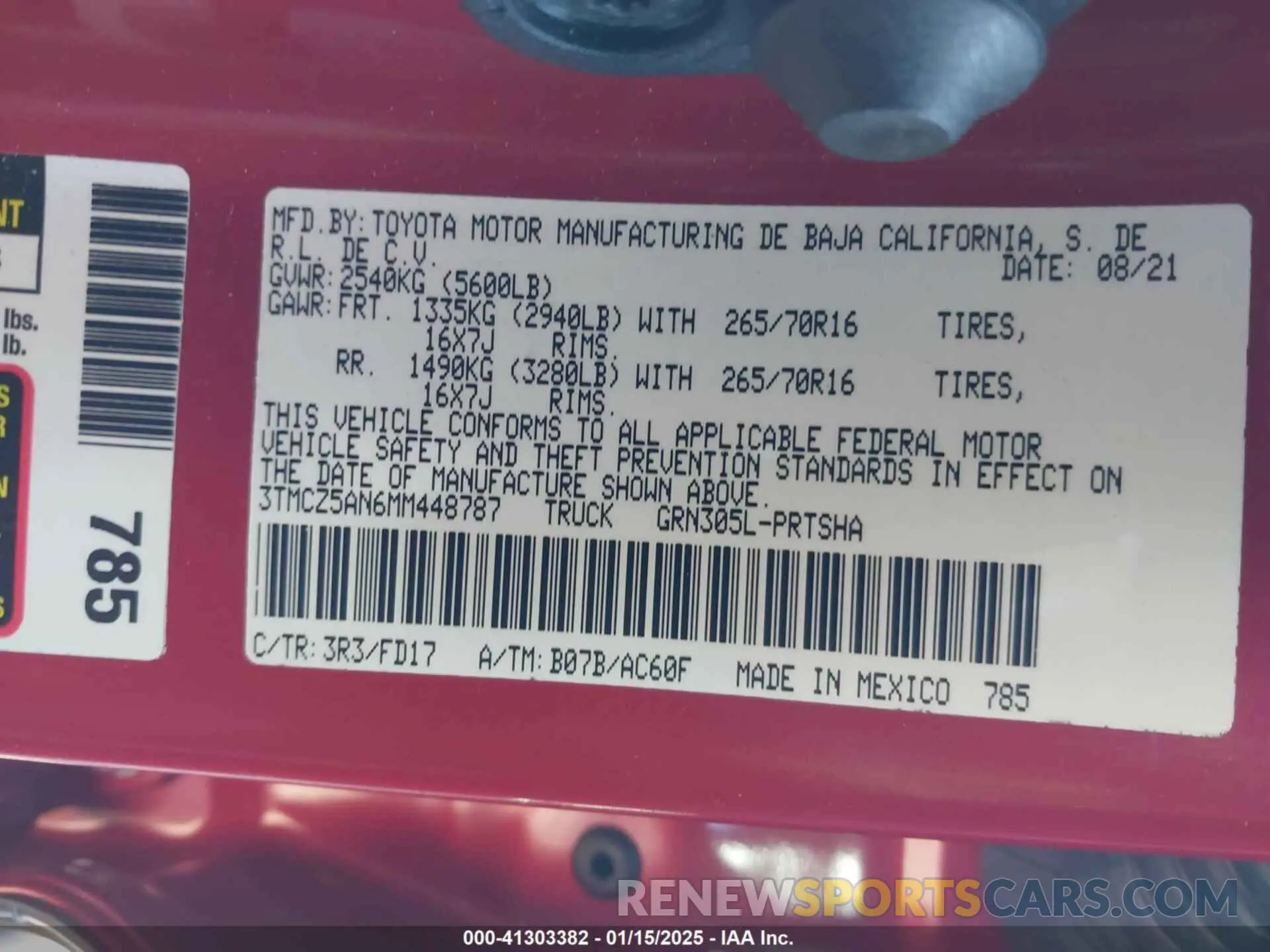 9 fotografías del automóvil dañado 3TMCZ5AN6MM448787 TOYOTA TACOMA 2021