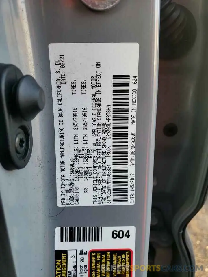 12 fotografías del automóvil dañado 3TMCZ5AN7MM406824 TOYOTA TACOMA 2021