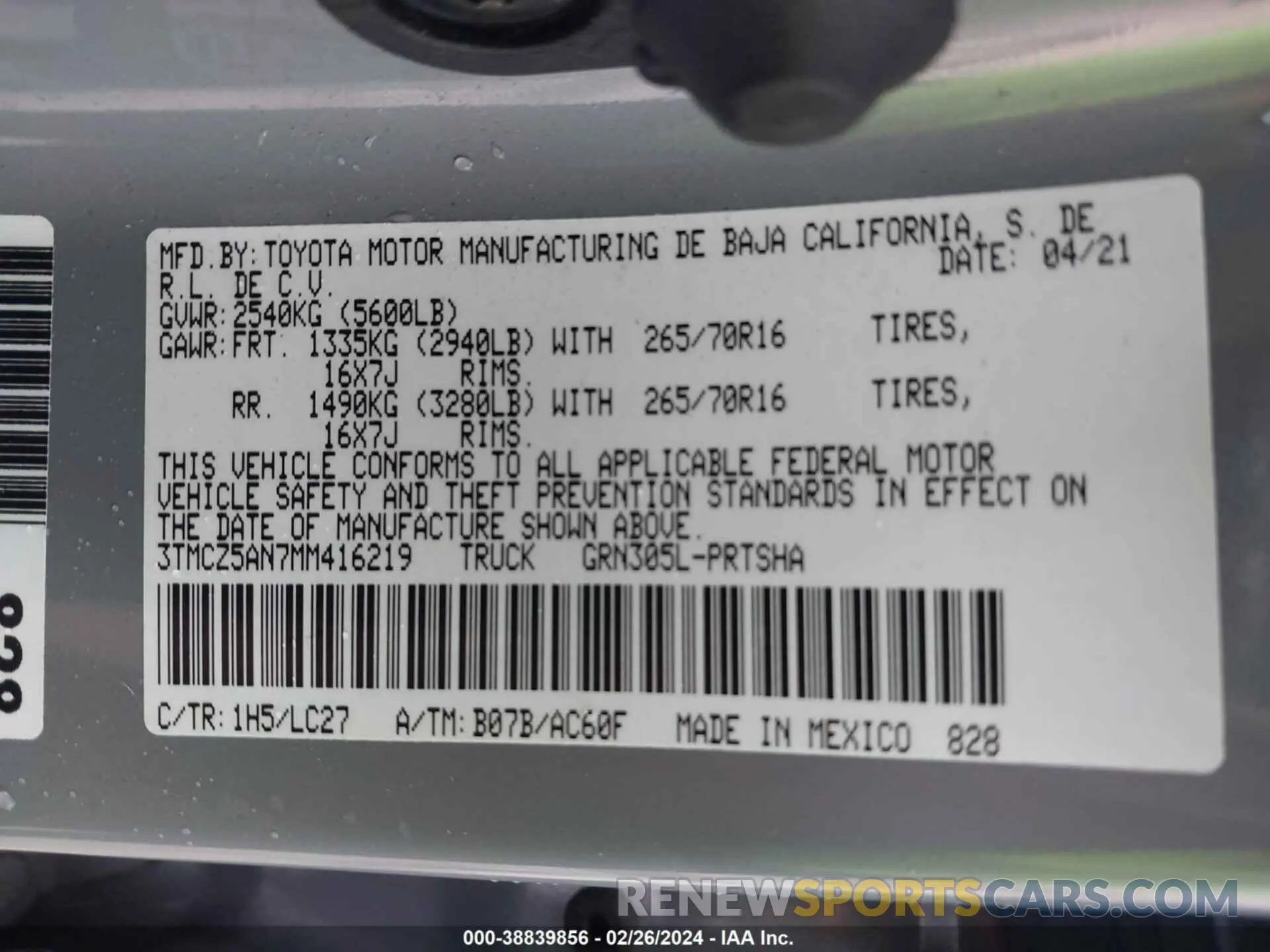 9 fotografías del automóvil dañado 3TMCZ5AN7MM416219 TOYOTA TACOMA 2021