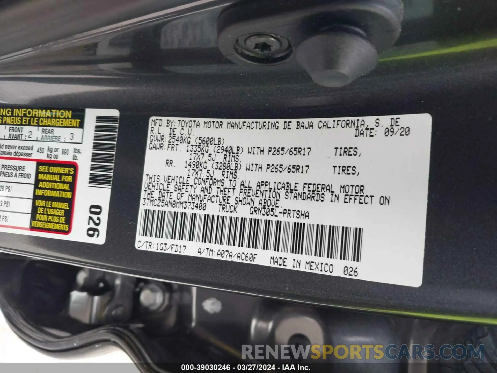 9 fotografías del automóvil dañado 3TMCZ5AN8MM373400 TOYOTA TACOMA 2021