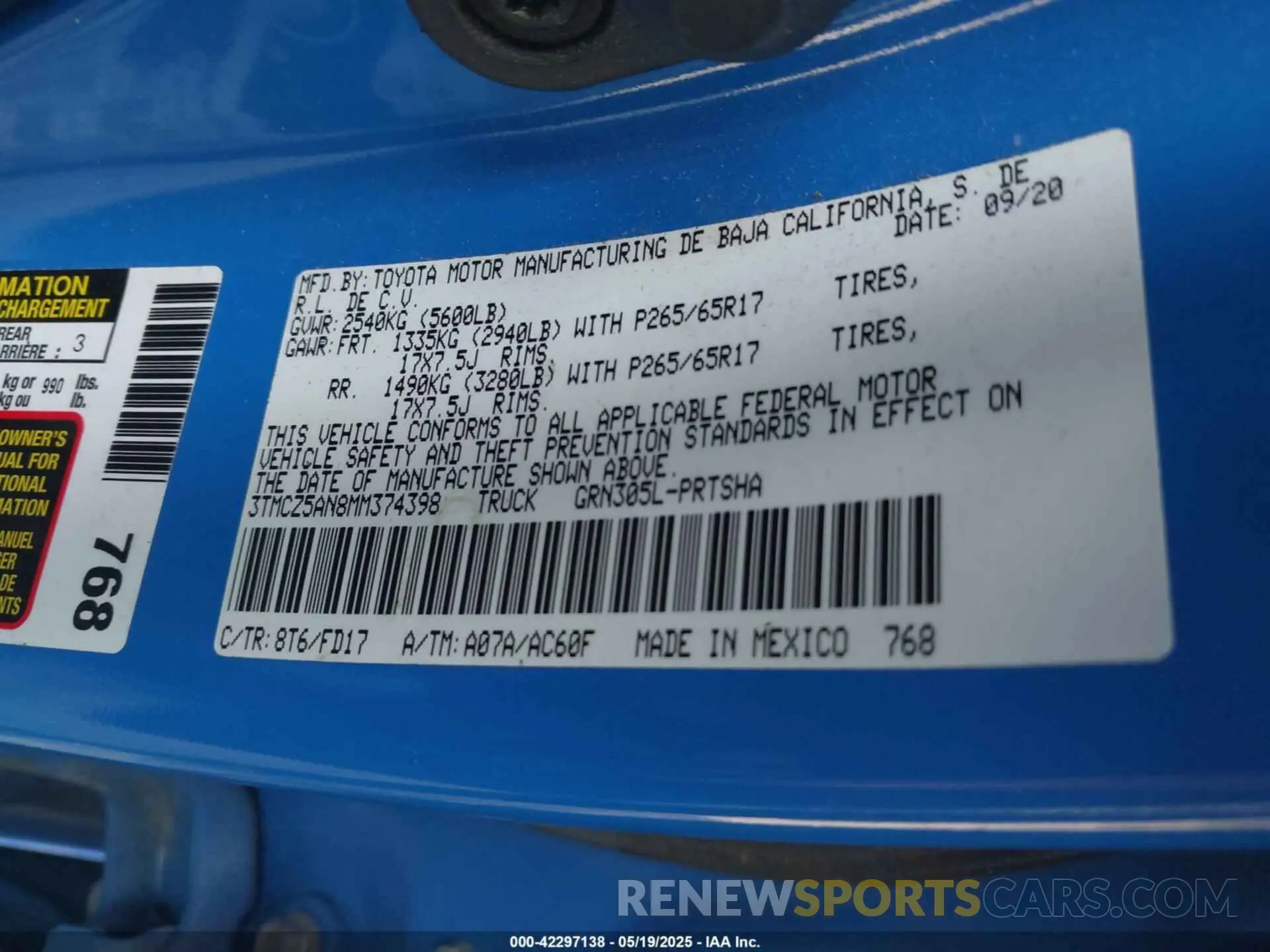 9 fotografías del automóvil dañado 3TMCZ5AN8MM374398 TOYOTA TACOMA 2021