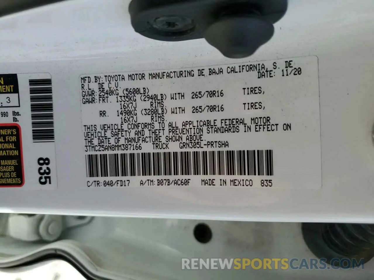 12 fotografías del automóvil dañado 3TMCZ5AN8MM387166 TOYOTA TACOMA 2021