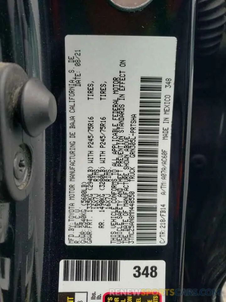 12 fotografías del automóvil dañado 3TMCZ5AN8MM448550 TOYOTA TACOMA 2021