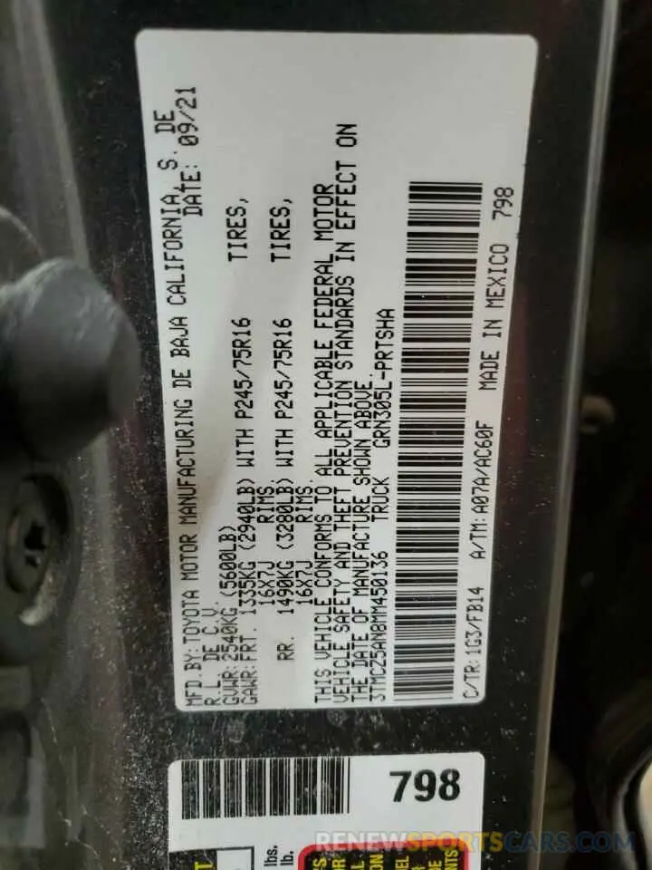 12 fotografías del automóvil dañado 3TMCZ5AN8MM450136 TOYOTA TACOMA 2021