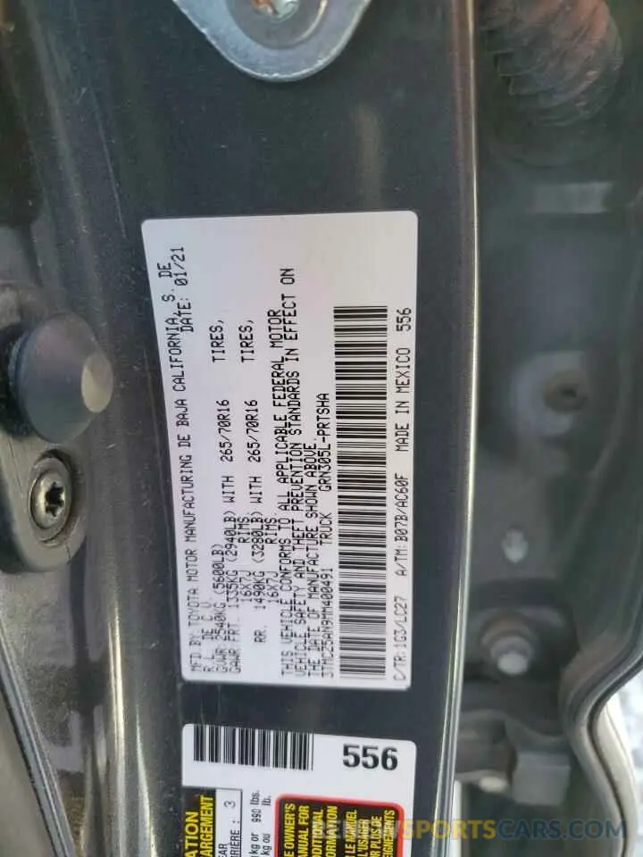 12 fotografías del automóvil dañado 3TMCZ5AN9MM400491 TOYOTA TACOMA 2021