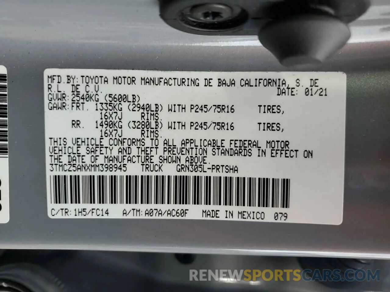 14 fotografías del automóvil dañado 3TMCZ5ANXMM398945 TOYOTA TACOMA 2021