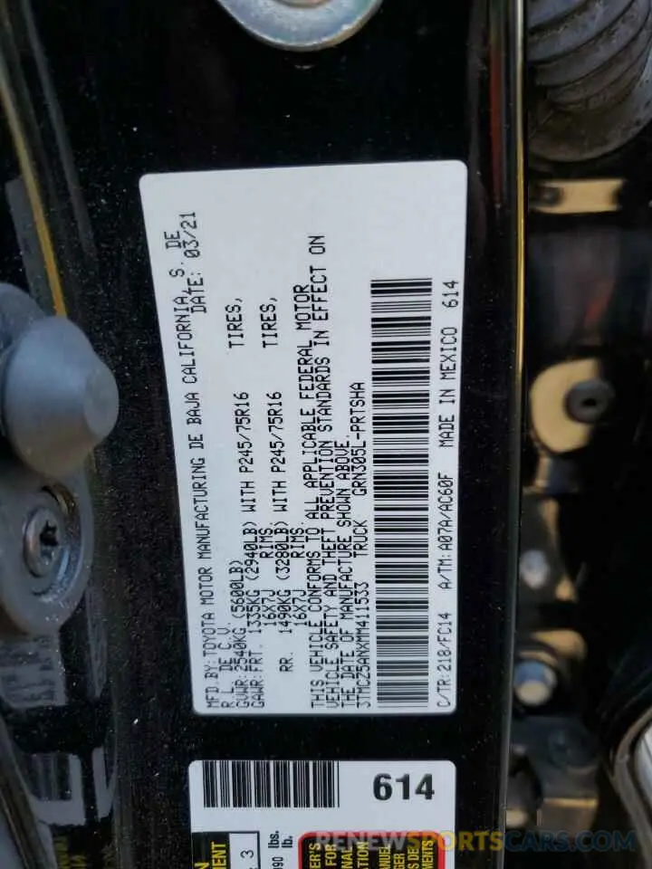 12 fotografías del automóvil dañado 3TMCZ5ANXMM411533 TOYOTA TACOMA 2021