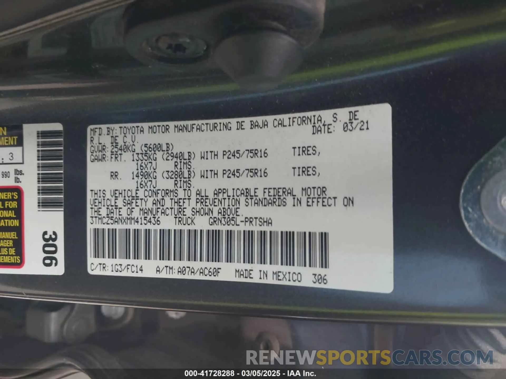 9 fotografías del automóvil dañado 3TMCZ5ANXMM415436 TOYOTA TACOMA 2021