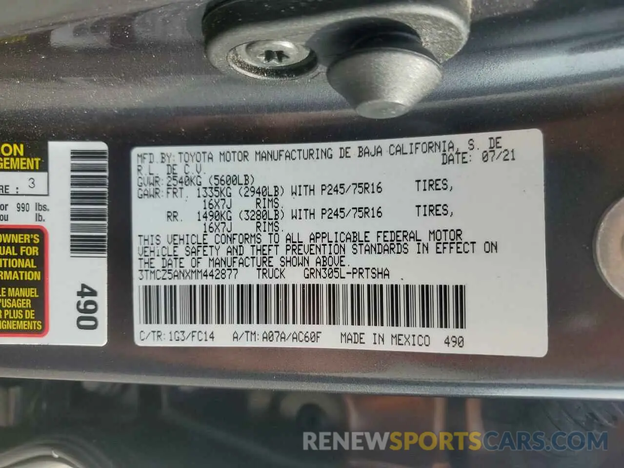 13 fotografías del automóvil dañado 3TMCZ5ANXMM442877 TOYOTA TACOMA 2021