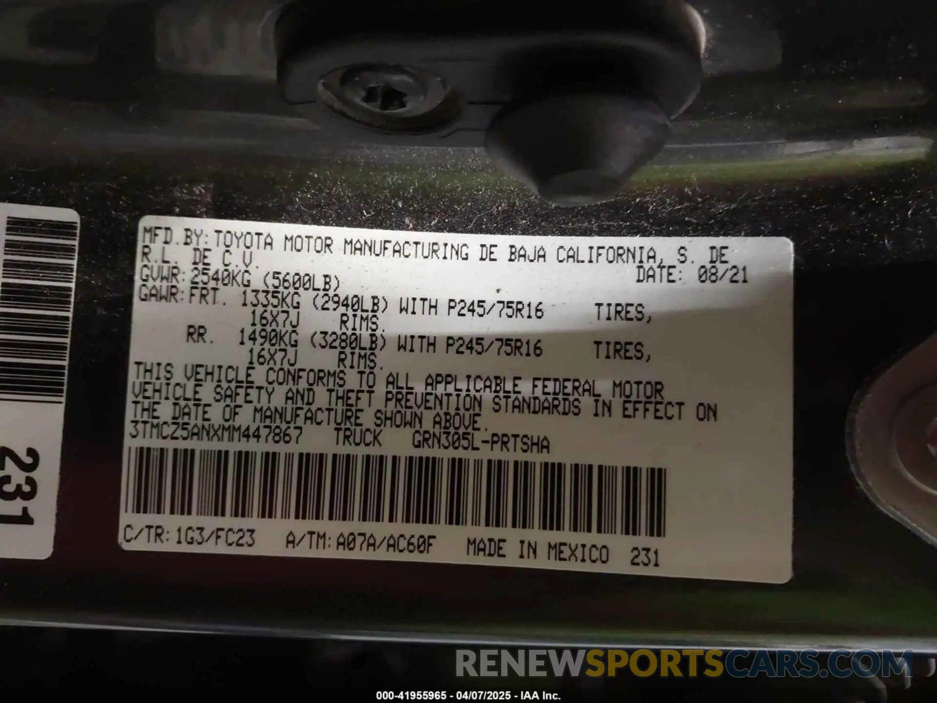 9 fotografías del automóvil dañado 3TMCZ5ANXMM447867 TOYOTA TACOMA 2021