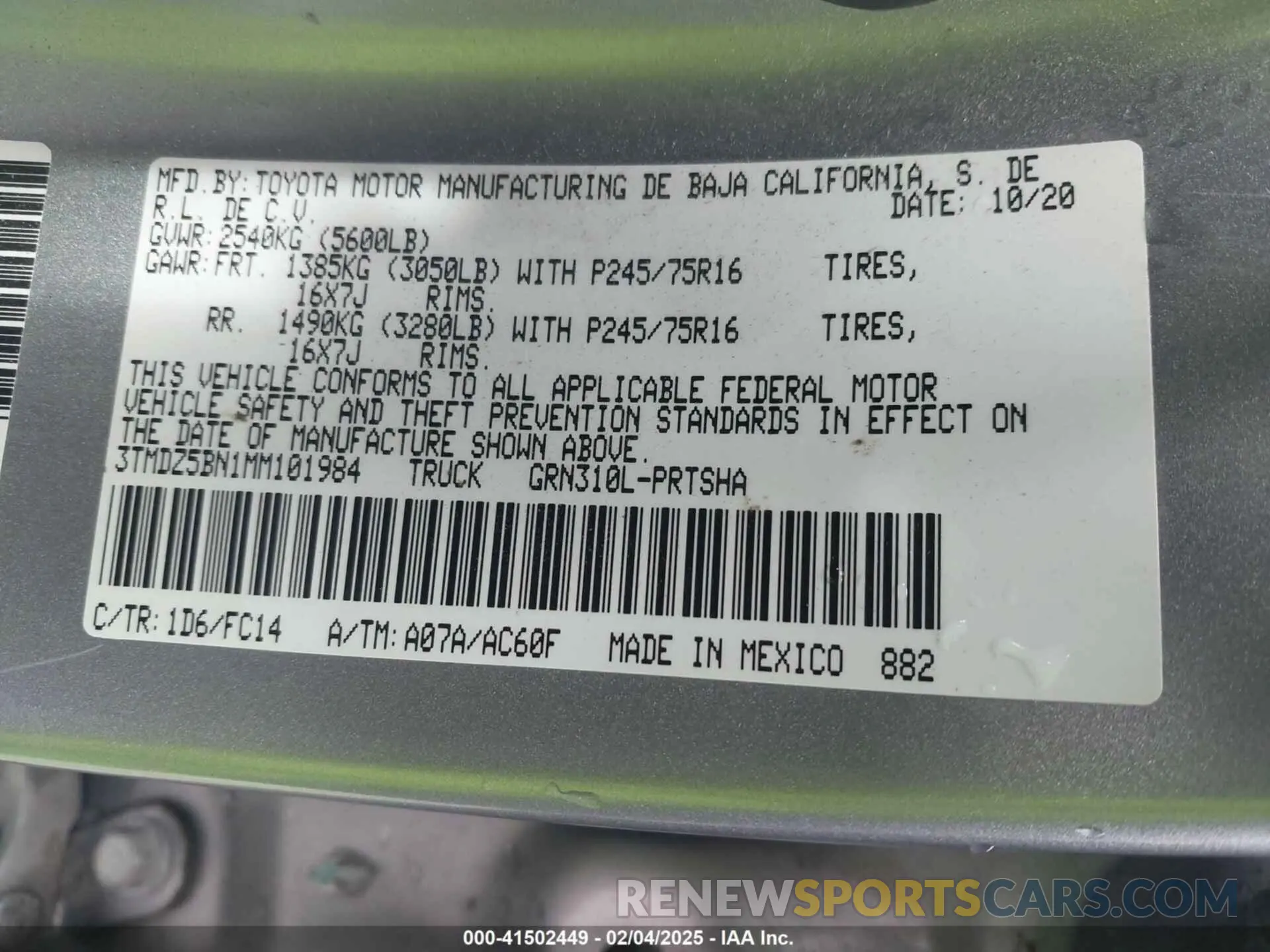 9 fotografías del automóvil dañado 3TMDZ5BN1MM101984 TOYOTA TACOMA 2021