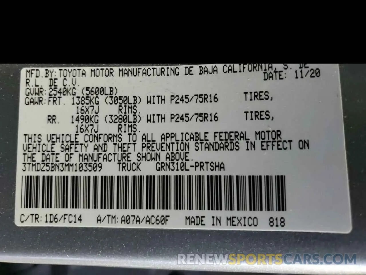 13 fotografías del automóvil dañado 3TMDZ5BN3MM103509 TOYOTA TACOMA 2021