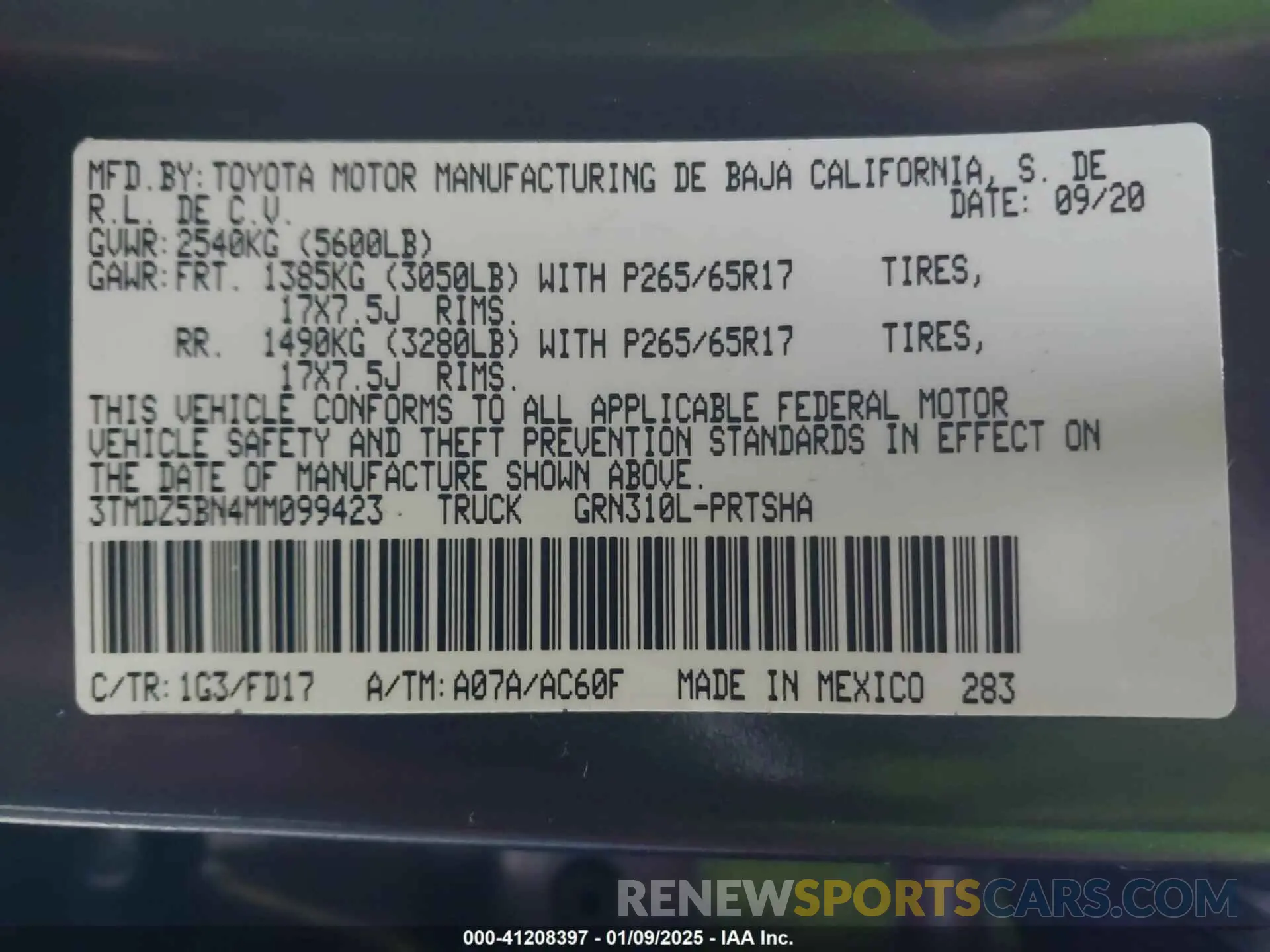 9 fotografías del automóvil dañado 3TMDZ5BN4MM099423 TOYOTA TACOMA 2021