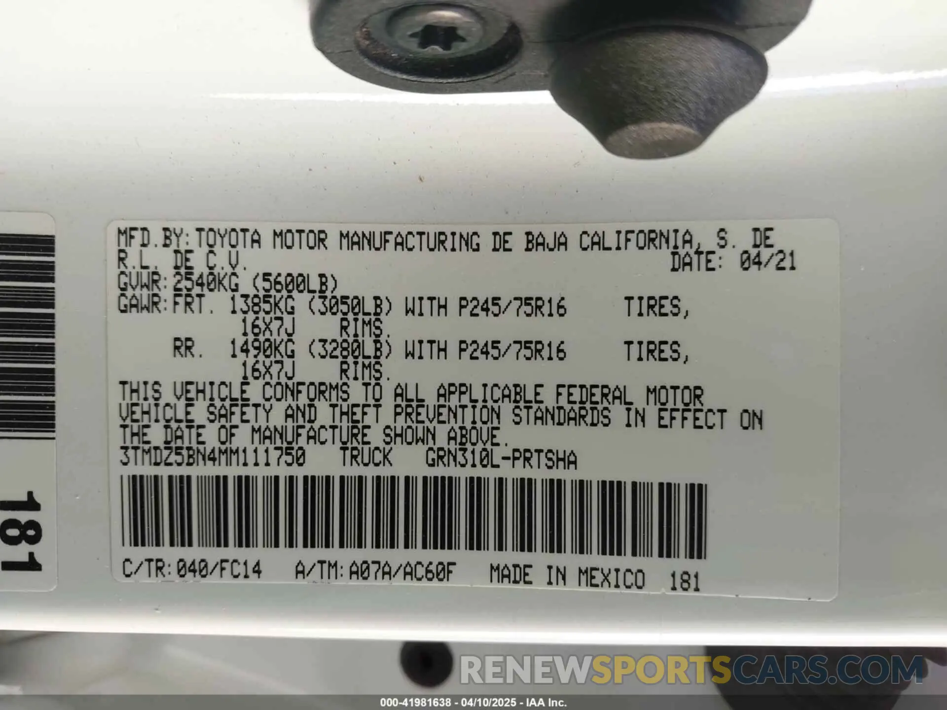 9 fotografías del automóvil dañado 3TMDZ5BN4MM111750 TOYOTA TACOMA 2021
