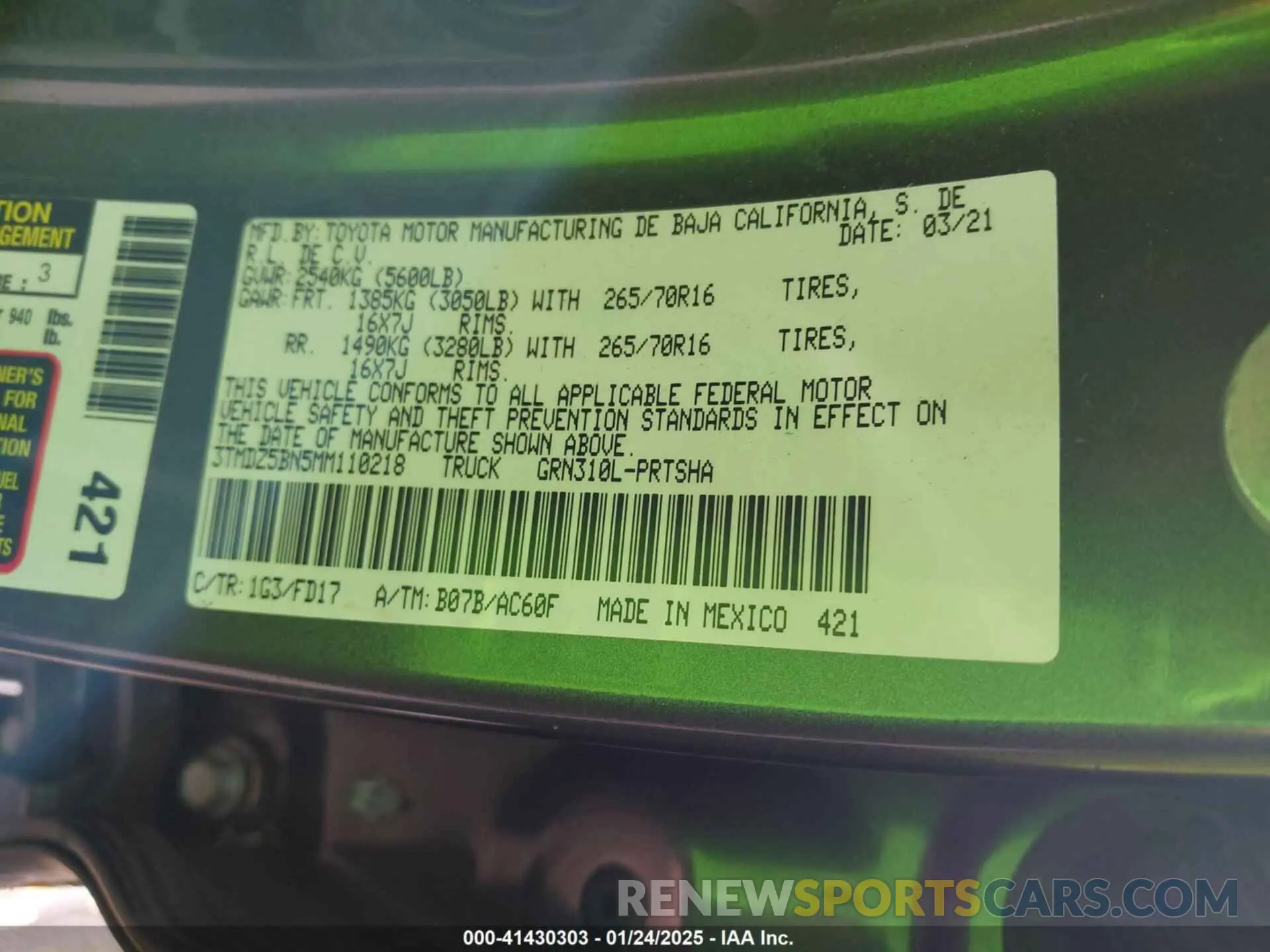 9 fotografías del automóvil dañado 3TMDZ5BN5MM110218 TOYOTA TACOMA 2021