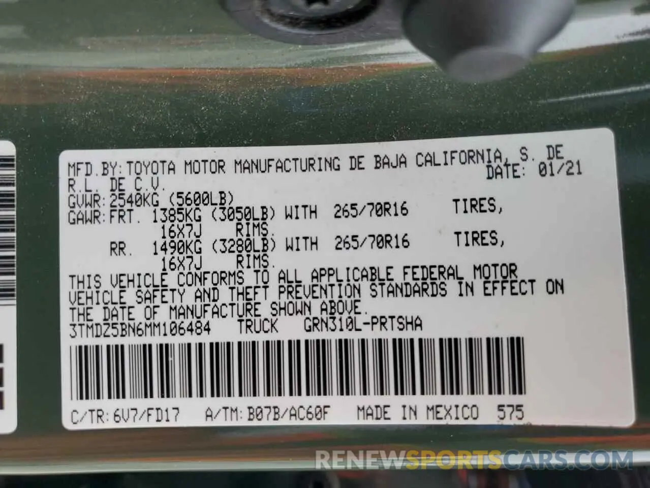 12 fotografías del automóvil dañado 3TMDZ5BN6MM106484 TOYOTA TACOMA 2021