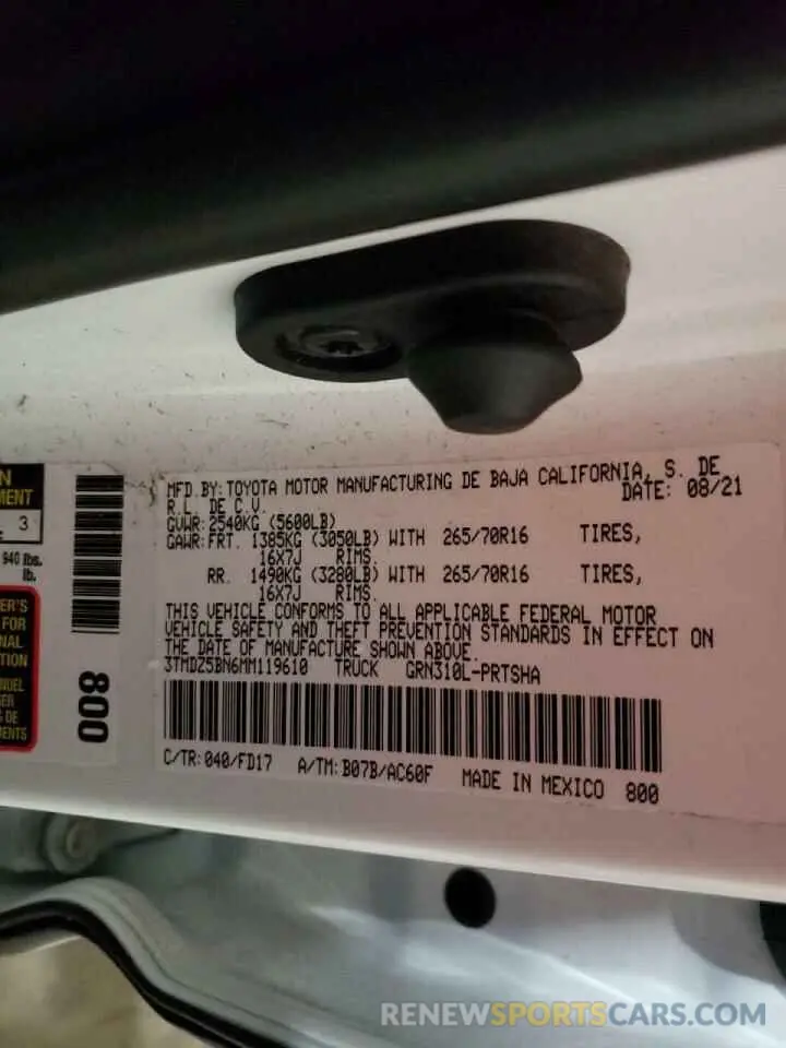 10 fotografías del automóvil dañado 3TMDZ5BN6MM119610 TOYOTA TACOMA 2021