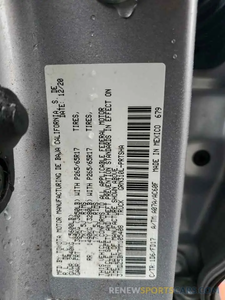 12 fotografías del automóvil dañado 3TMDZ5BN7MM105408 TOYOTA TACOMA 2021