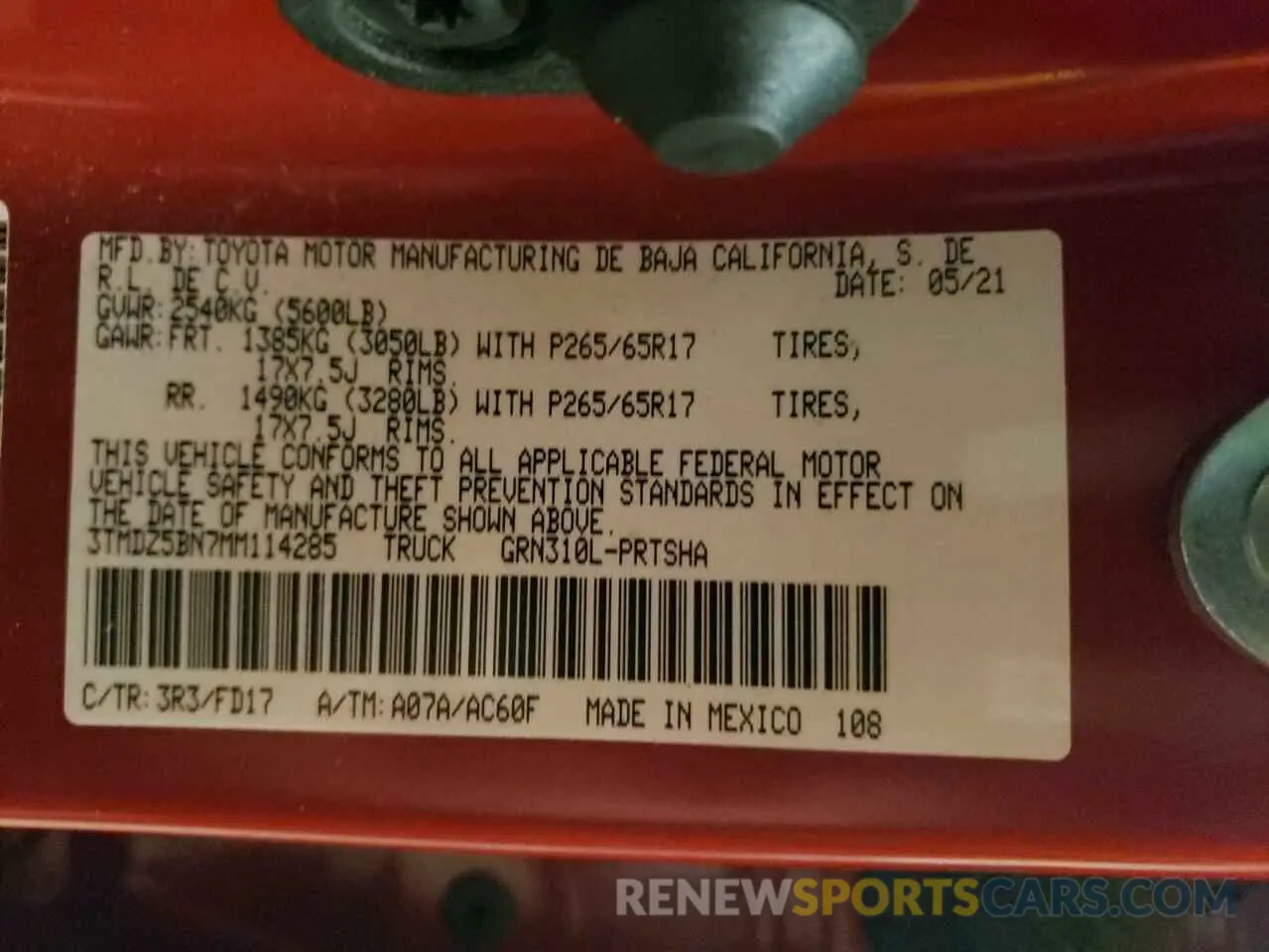12 fotografías del automóvil dañado 3TMDZ5BN7MM114285 TOYOTA TACOMA 2021