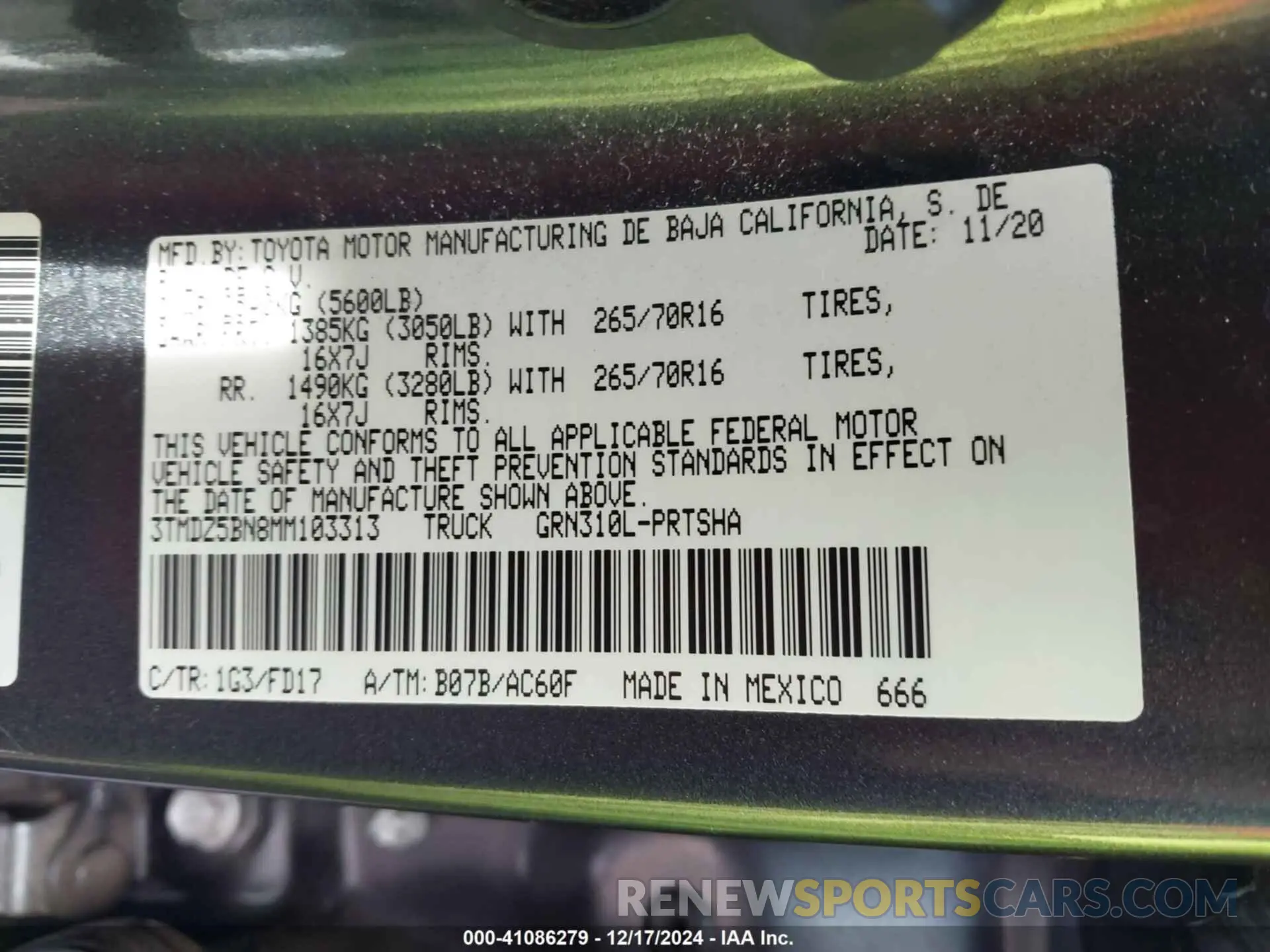 9 fotografías del automóvil dañado 3TMDZ5BN8MM103313 TOYOTA TACOMA 2021