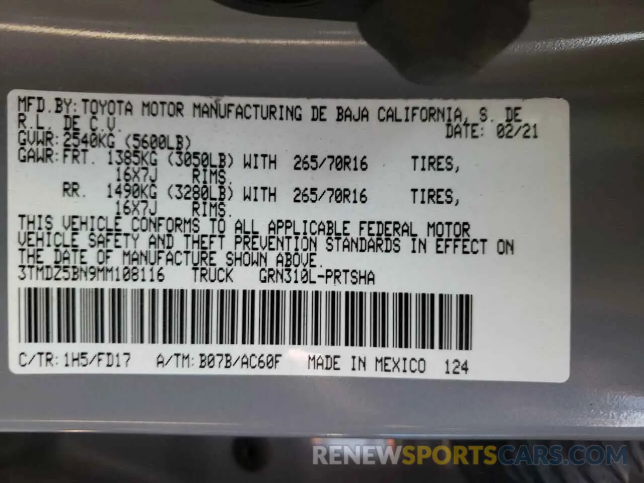 10 fotografías del automóvil dañado 3TMDZ5BN9MM108116 TOYOTA TACOMA 2021