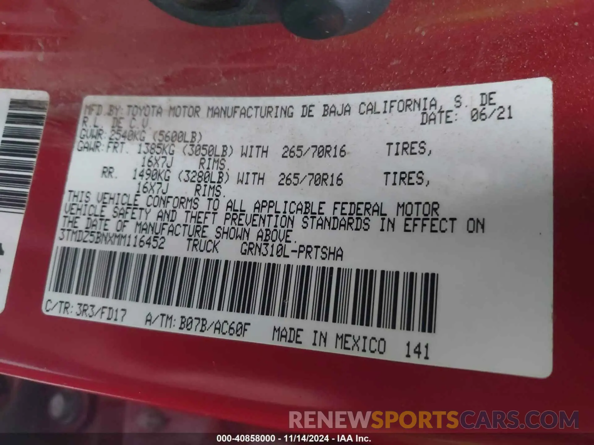9 fotografías del automóvil dañado 3TMDZ5BNXMM116452 TOYOTA TACOMA 2021