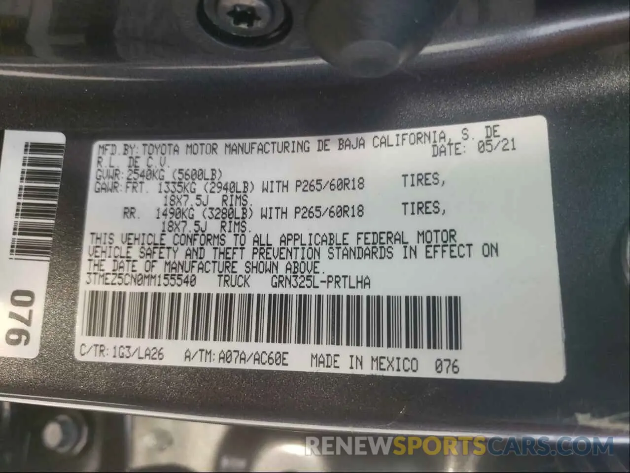 10 fotografías del automóvil dañado 3TMEZ5CN0MM155540 TOYOTA TACOMA 2021